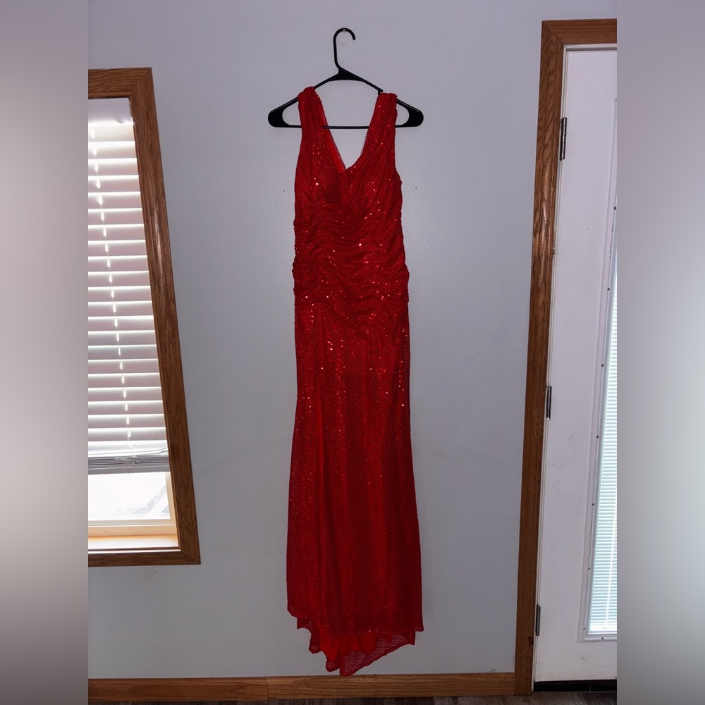 Red Sequin V-Neck Evening Gown